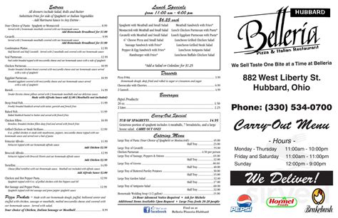 Belleria struthers - 330-534-0700. 882 W Liberty St. Hubbard, Ohio 44425. Monday-Thursday 11am-10pm. Friday-Saturday 11am-11pm. Sunday 12pm-9pm. Check Out Our Broasted Chicken Menu. Belleria Italian Restaurant and Sports Bar of Hubbard features a dining room with a full menu including pizza, rolls, calzones, pastas, entrees, sandwiches, appetizers, soups and daily ... 